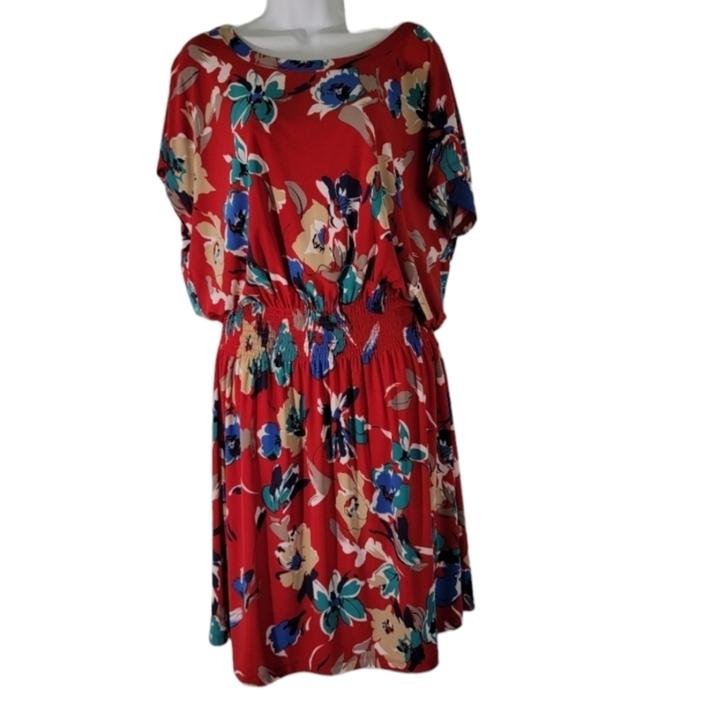 Evan Picone Women Multicolored Floral Dress Sz 10 Pleated Stretchy Elastic Waist